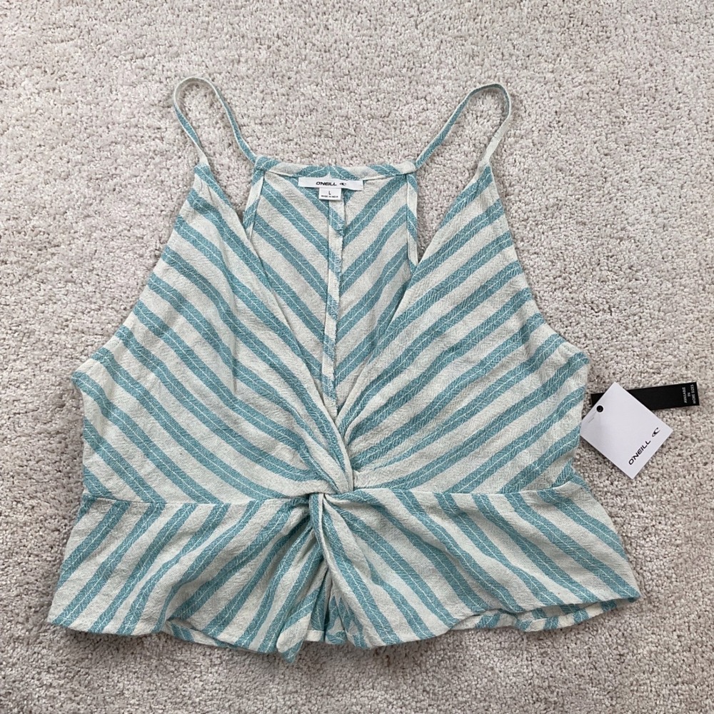 O'Neill‎ Kietrie Blue White Striped Twist Front Peplum Cami Top Womens Large NEW